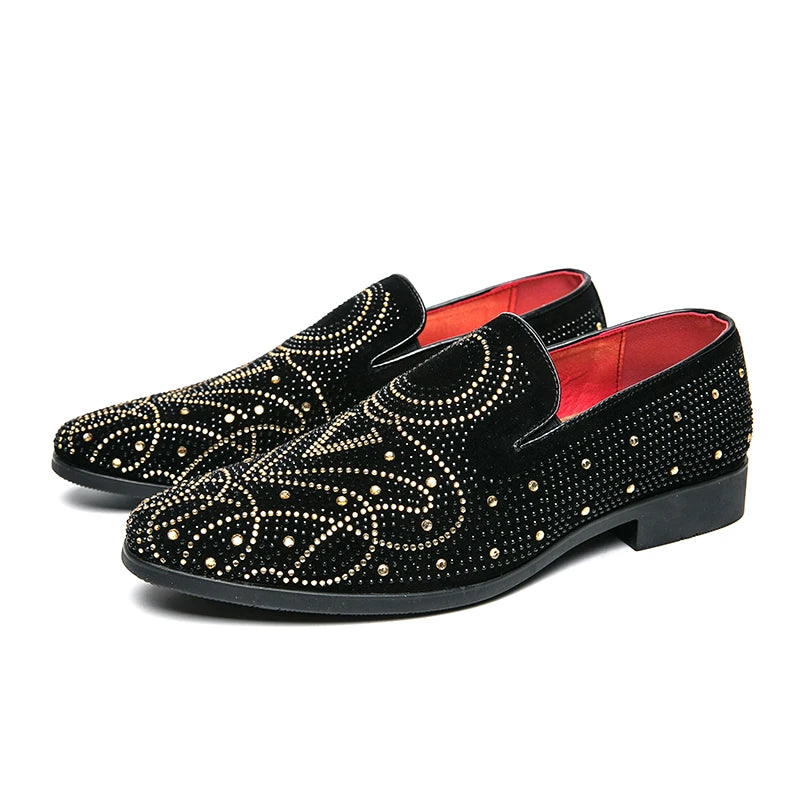 2024 new riveted rhine-drill pointed leather shoes male hair stylist fashion shoes a slip-on lazy casual men's shoes