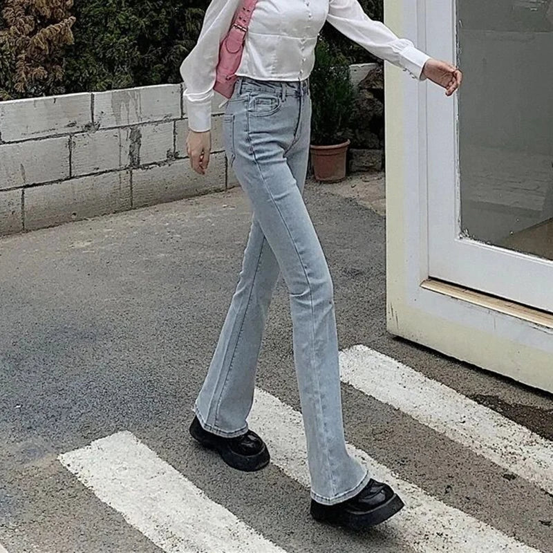 2024 Woman High Waist Vintage Flare Jeans Female Elastic Bell Bottom Pants Girls Black Brown Deep Blue Light Blue Denim Trousers