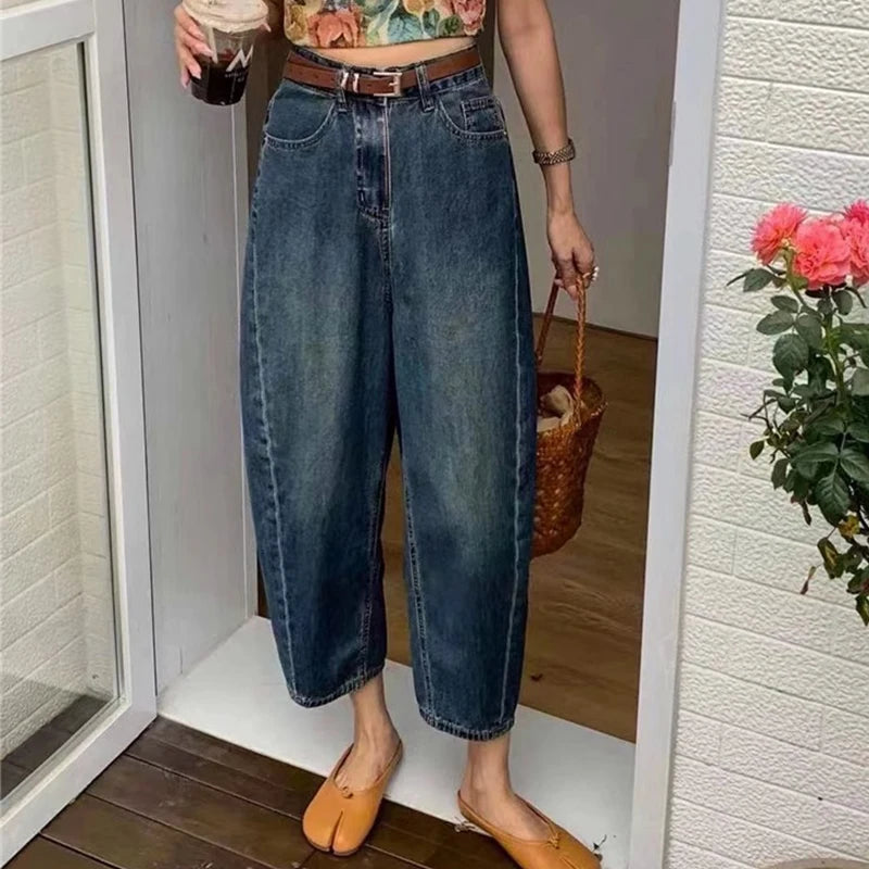 2024 Spring/summer High Waist Jeans for Women Blue Washed Casual Pants Korean Minimalist Patchwork Jeans Women's Clothing