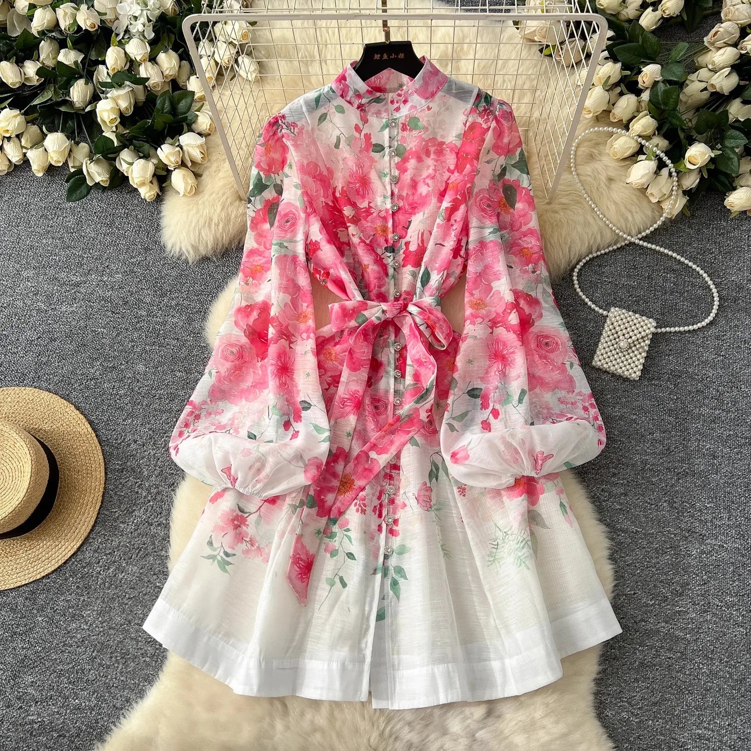 Spring Holiday Gorgeous Flower Organza Dress Lantern Long Sleeve
