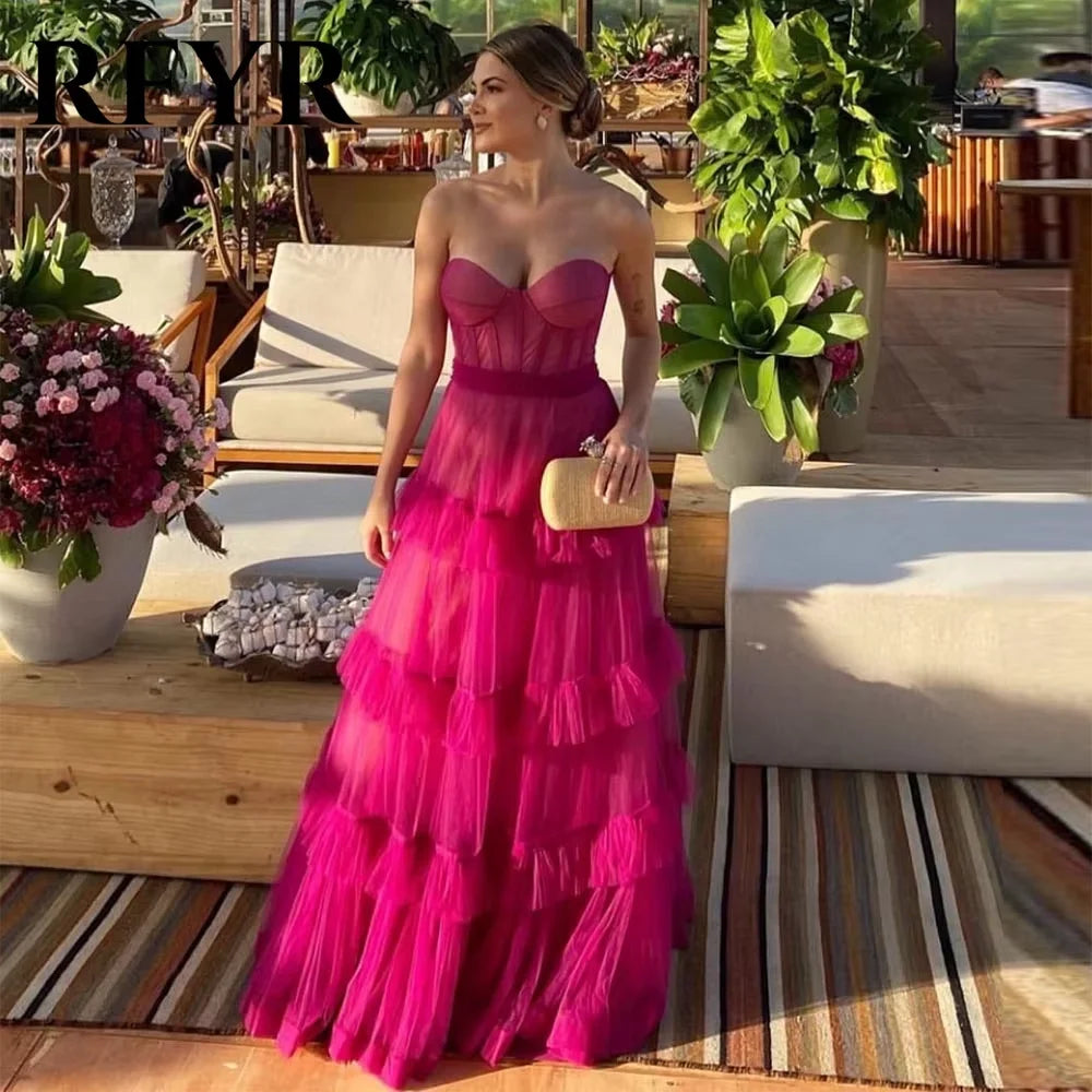 RFYR Fuschia Tiered Ruffles Tulle Prom Dresses Sweetheart Sleeveless Pleat Ruched Saudi Arabic Evening Party Gown Customized