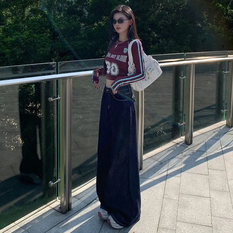 Lucyever Vintage Washed Wide Leg Jeans Women Deep Blue High Waist Baggy Y2K Denim Pants Lady Streetwear Casual Straight Trousers