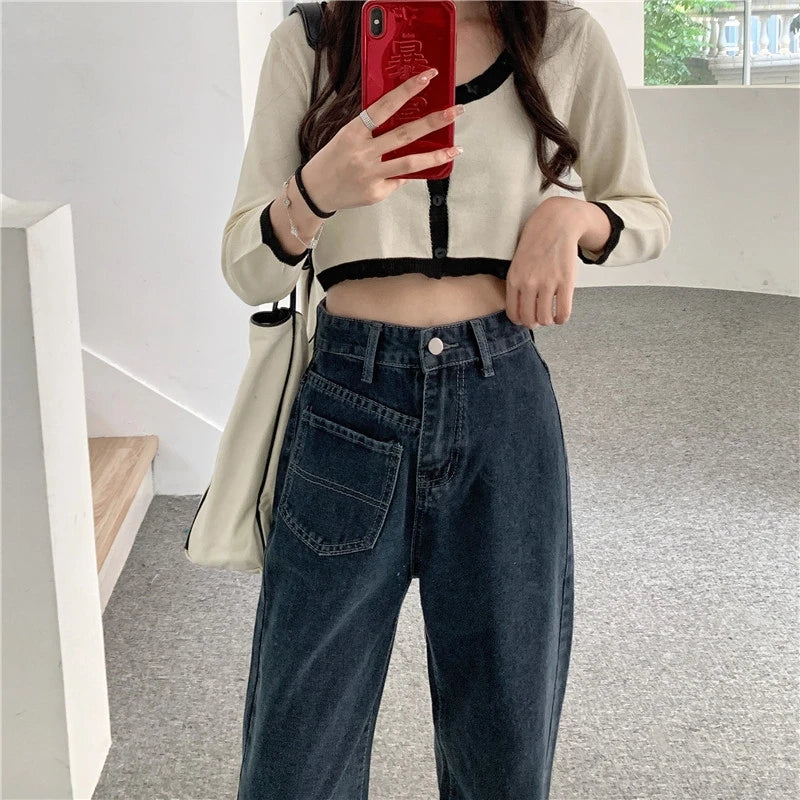 Autumn Spring Jeans Women Denim Pants  Vintage Straight Trousers Fashion Female Solid Pocket Casual Jeans Wide Leg Pants