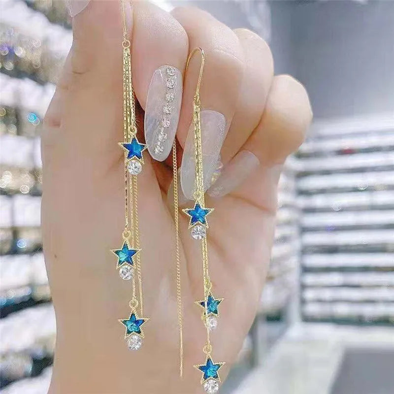 Gold Plated Crystal Leaf Tassel Drop Earrings for Women