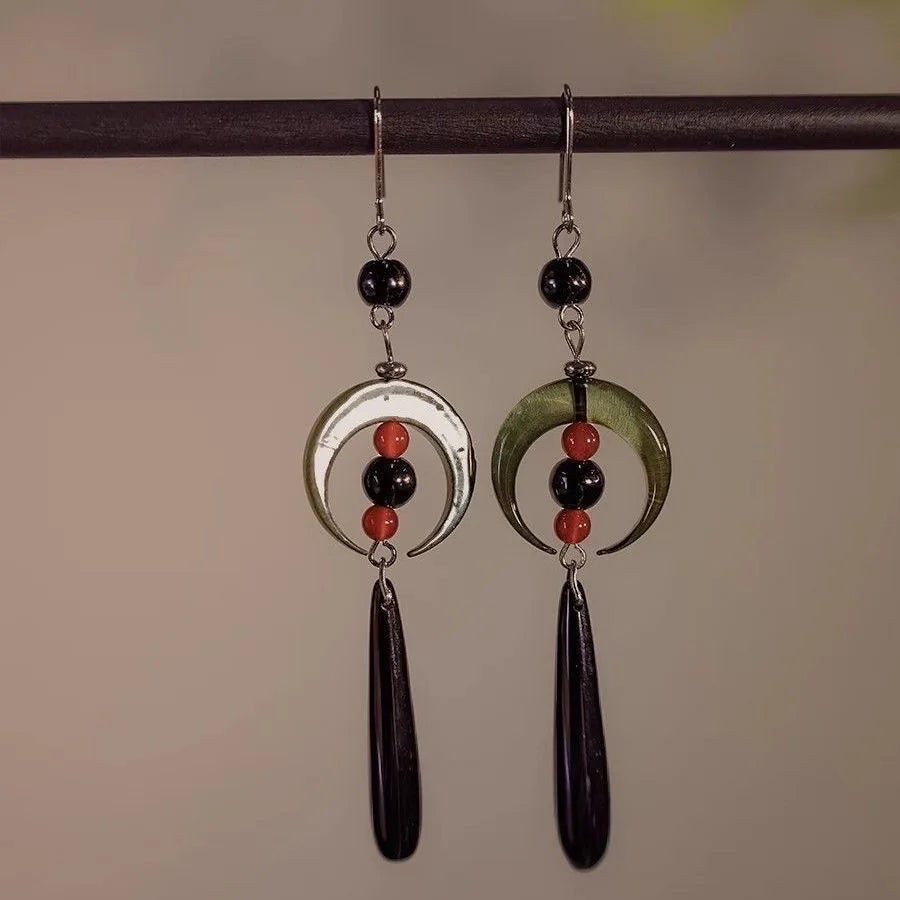 Steel Fun Jewelry HanFu Moon Pendent Long Tassel Earrings for Women