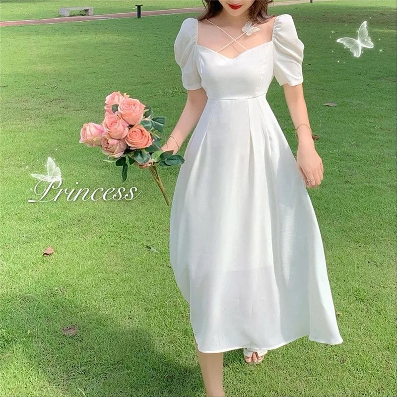 EVNISI Women Summer White Dress Puff Sleeve Party Dating Dress Square Neck A-line Fashion Casual Solid Holiday Dress 2024
