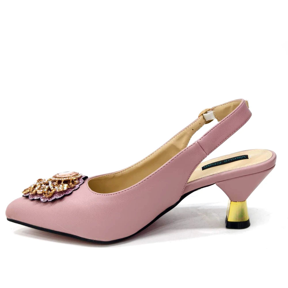 Women's Pink High Heel Frosted Crystal Shiny Rhinestone Party Pointed Shoes And Bag