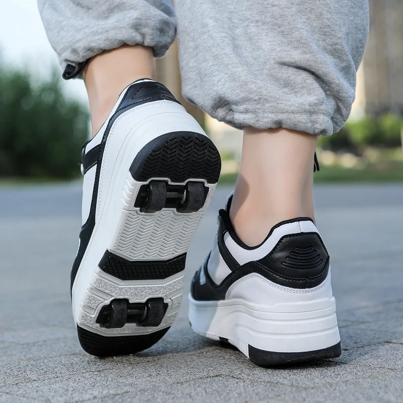 Children's walking shoes four-wheel lace-up girls' skates Boys' outdoor sports roller shoes Invisible shoes with wheels