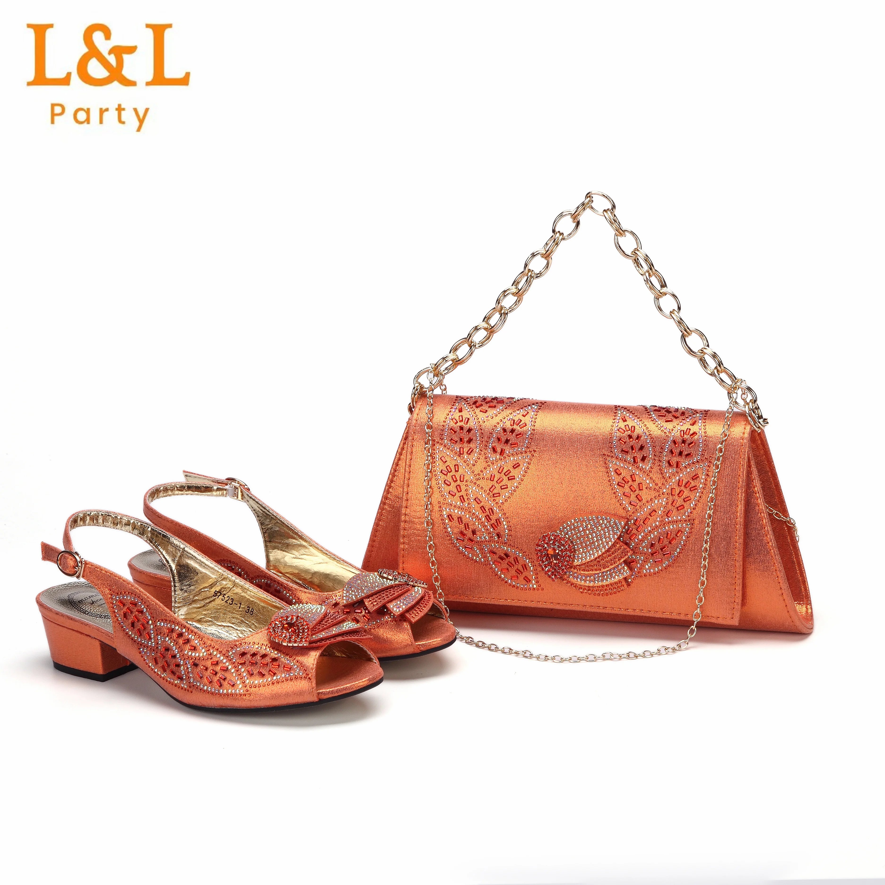 Low Heels Pumps Matching Hand Bag in Champagne Color High Quality for Wedding