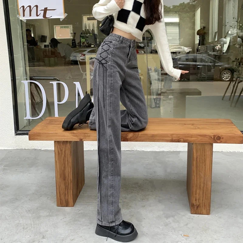 Casual Jeans Women Denim Pants Straight Trousers Autumn Spring Fashion Female Vintage Solid Lace Up Jeans Wide Leg Pants