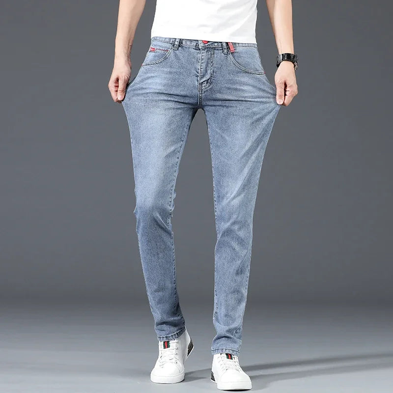 2024 New Men's Cotton Business Casual Skinny Jeans Trendy Fashionable Stretch Straight Slim Denim Trousers Male Blue Grey