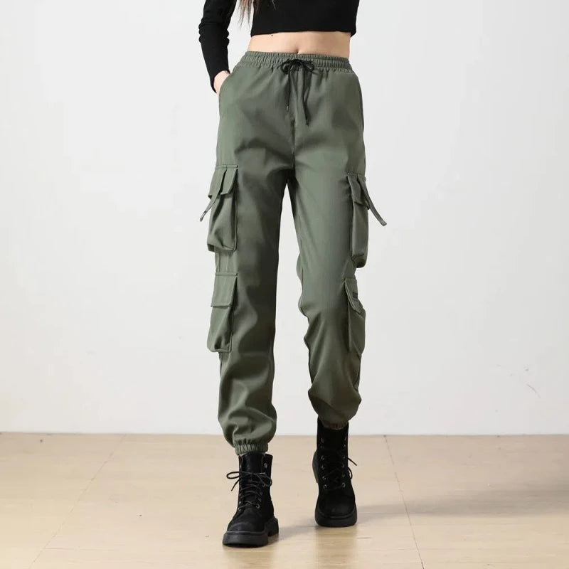 High Street Hip Hop Cargo Pants Women Solid Pocket Elastic High Waist