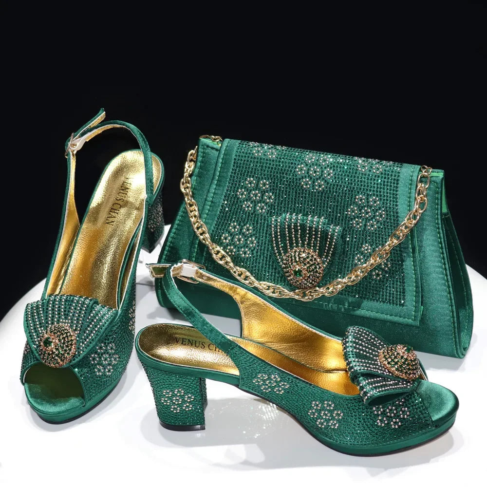Ladies Thin Heels Shoes and Bag Set Decorated with Rhinestones For Women Party