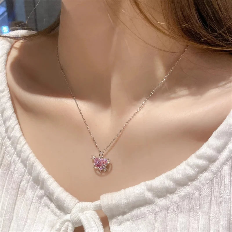 Y2K Pink Planet Heart Zircon Pendant Necklaces For Women