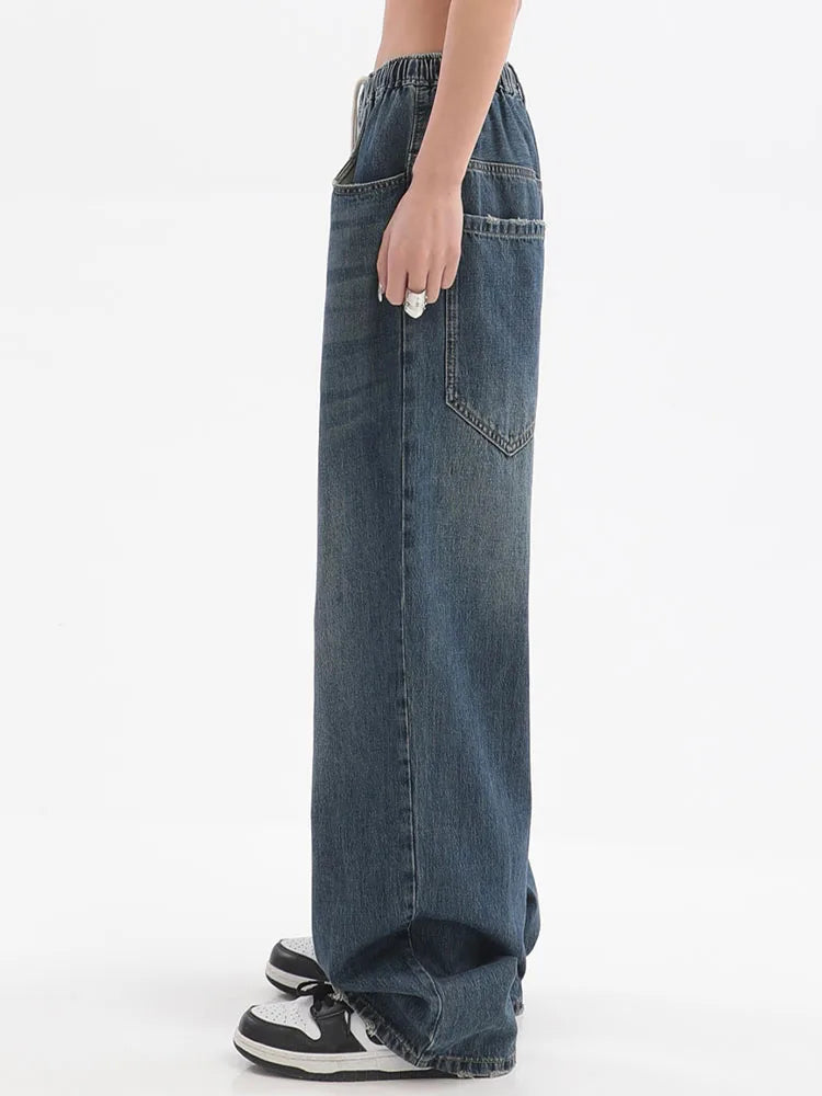 2025 Women American Vintage Baggy Jeans Elastic Waist Oversized Long Trouser Denim Pant Wide Leg Streetwear Straight Basic Daily