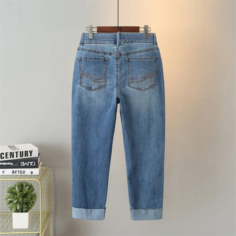 2024 Large Size Jeans Women's Ankle-Length Pants Spring Summer Stretch Denim Straight Pants Crimping Casual Pants Plus Size 7xl