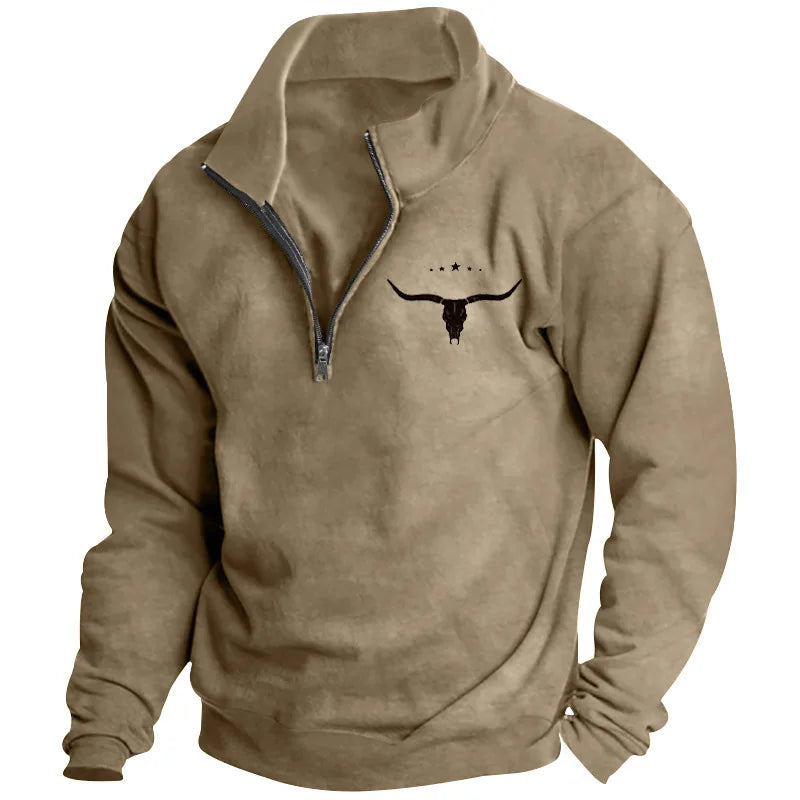 Men's Long-Sleeved Sweatshirt Autumn Winter Fleece European American Style Half-Zipper Stand-Up Collar Solid Color Bull Head Pri