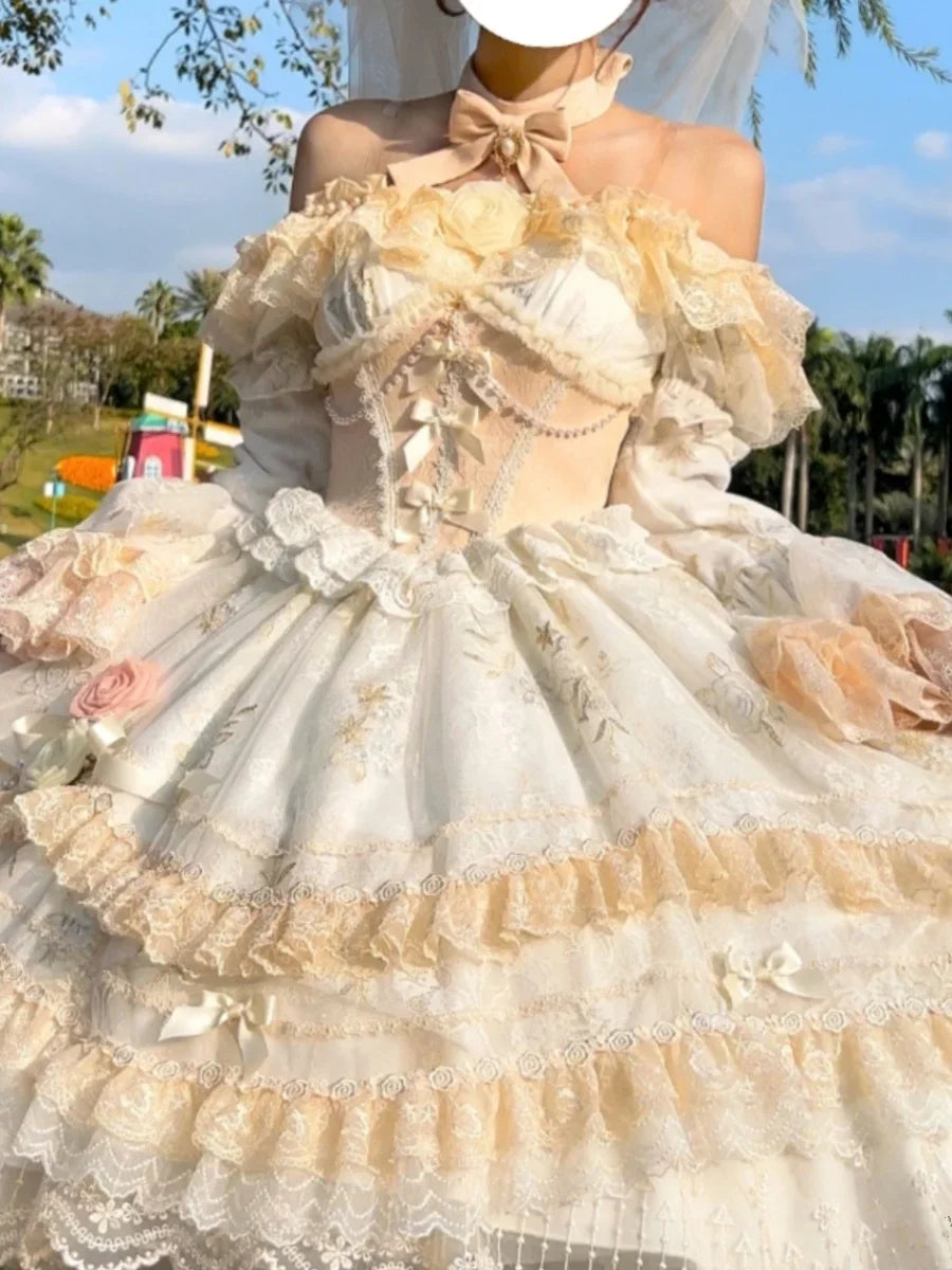 Haute Sense Heavy Industry Lolita Dress Female Sweet Off-Shoulder Lace Stitching Multi-Layer Dresses Birthday Dress for Women