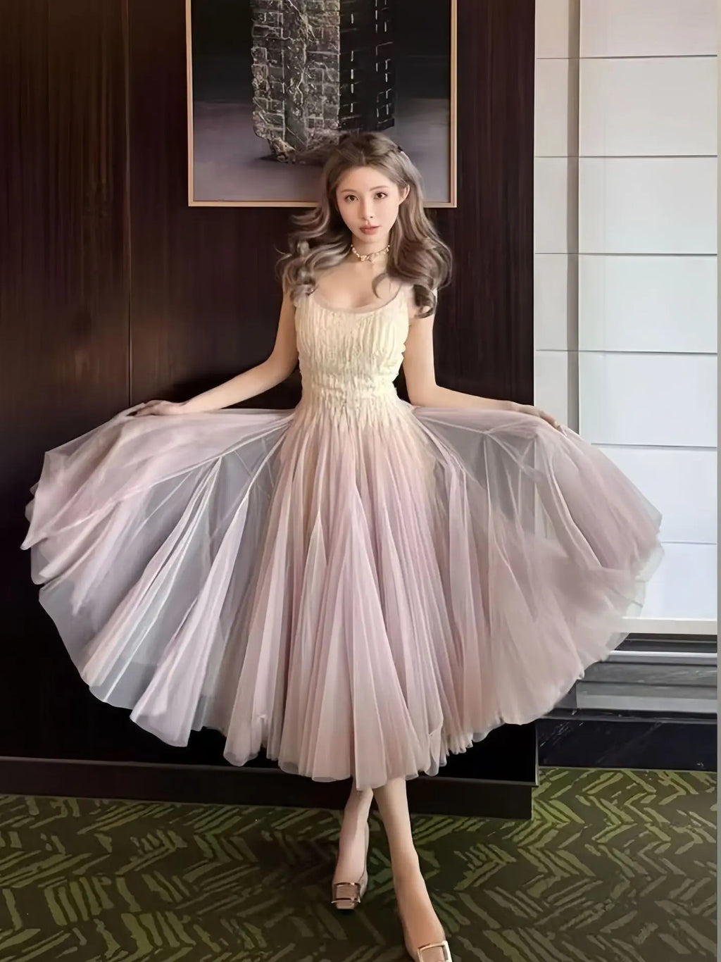 High Quality Gradient Camisole Dresses Spring Women Sleeveless Square Neck Mesh Dress Summer High Waist Zipper Knee Length Dress