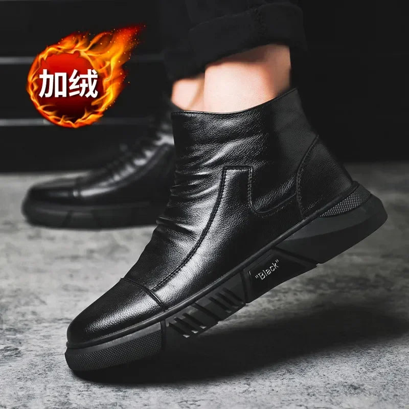 Men Leather Boot Snow Boot Warm Versatile Cotton Shoe High Top Casual Leather Shoe British Style Men Boot Trend 2024