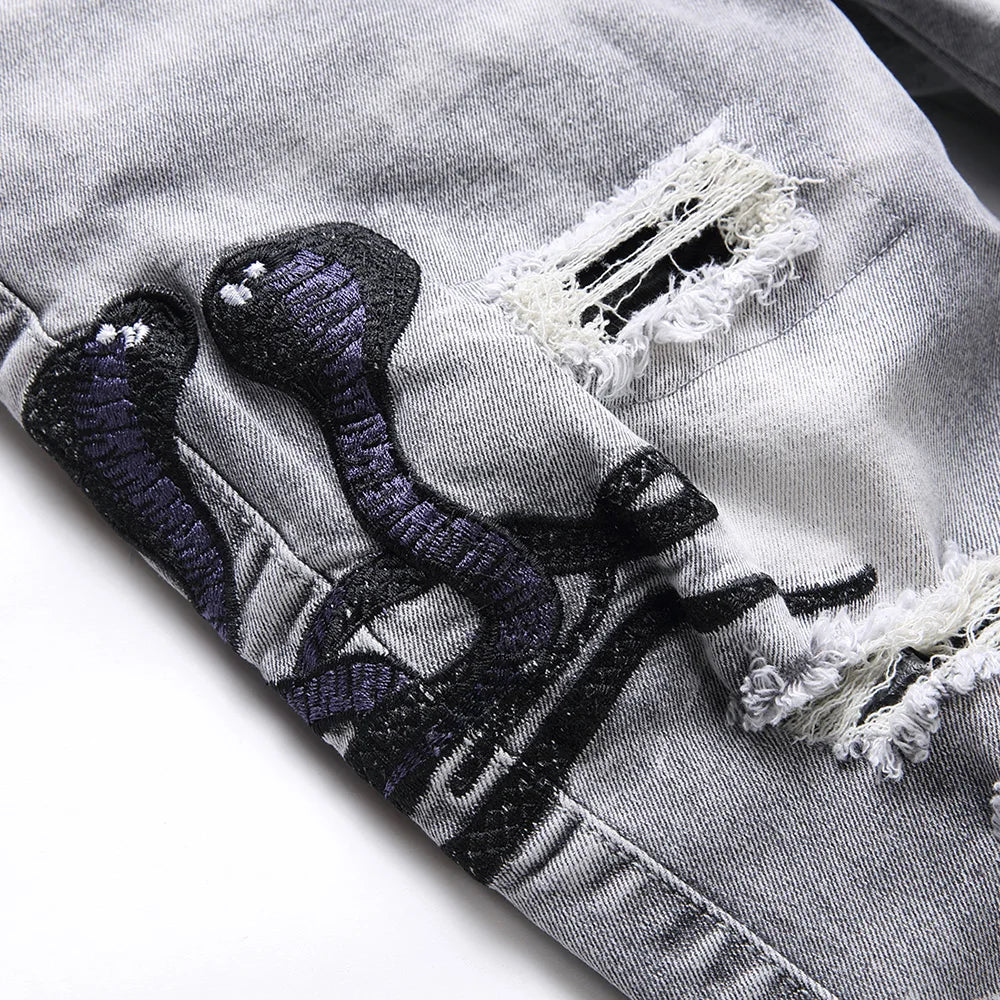 Men Snake Embroidery Gray Denim Jeans Holes Ripped Stretch Pants