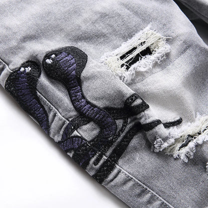 Men Snake Embroidery Gray Denim Jeans Holes Ripped Stretch Pants