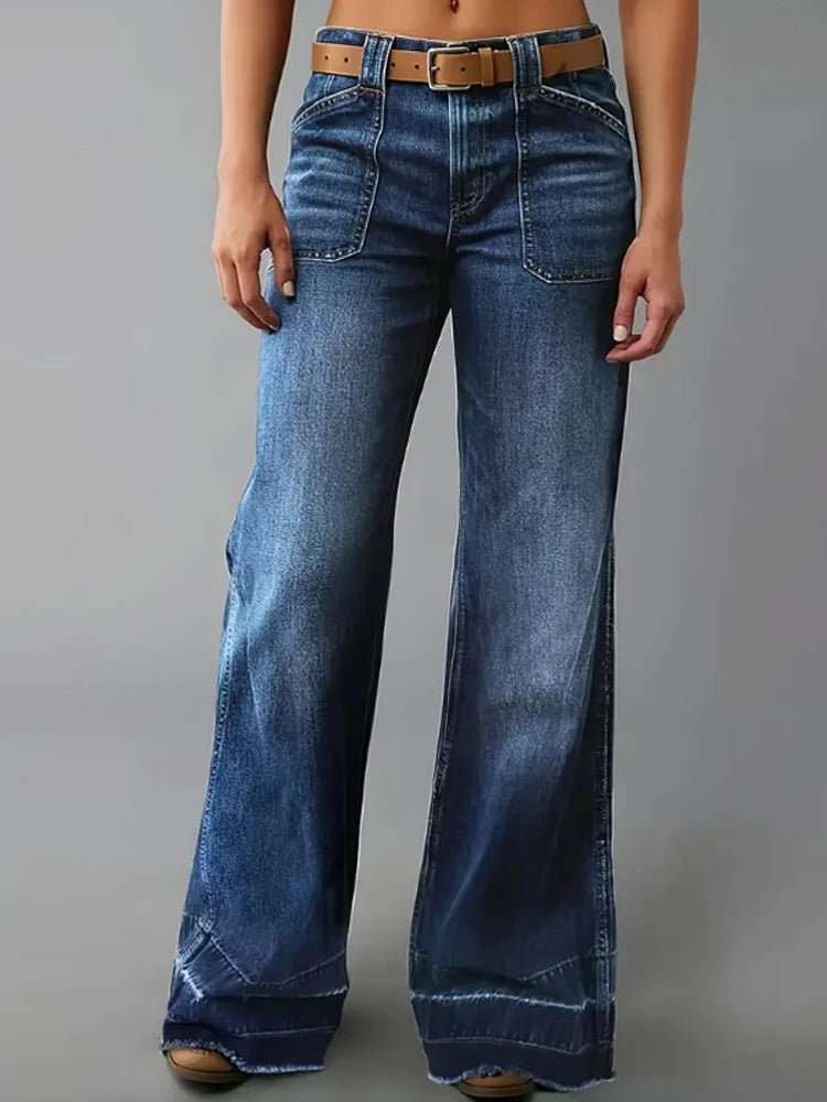Denim Pants with Pocket Women Vintage Midi Waist Zipper Full Length Trouser Female Do Old Washed Bottom Plus Size Wide Leg Pant