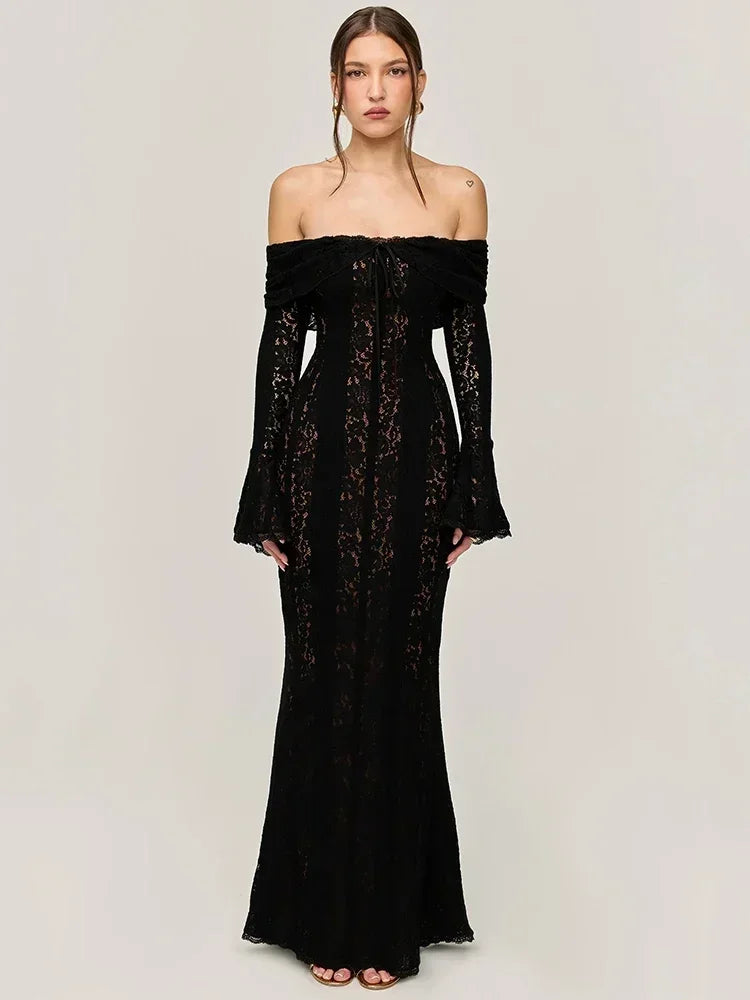 Long Sleeve Evening Party Dresses Women Black Sexy Elegant Maxi