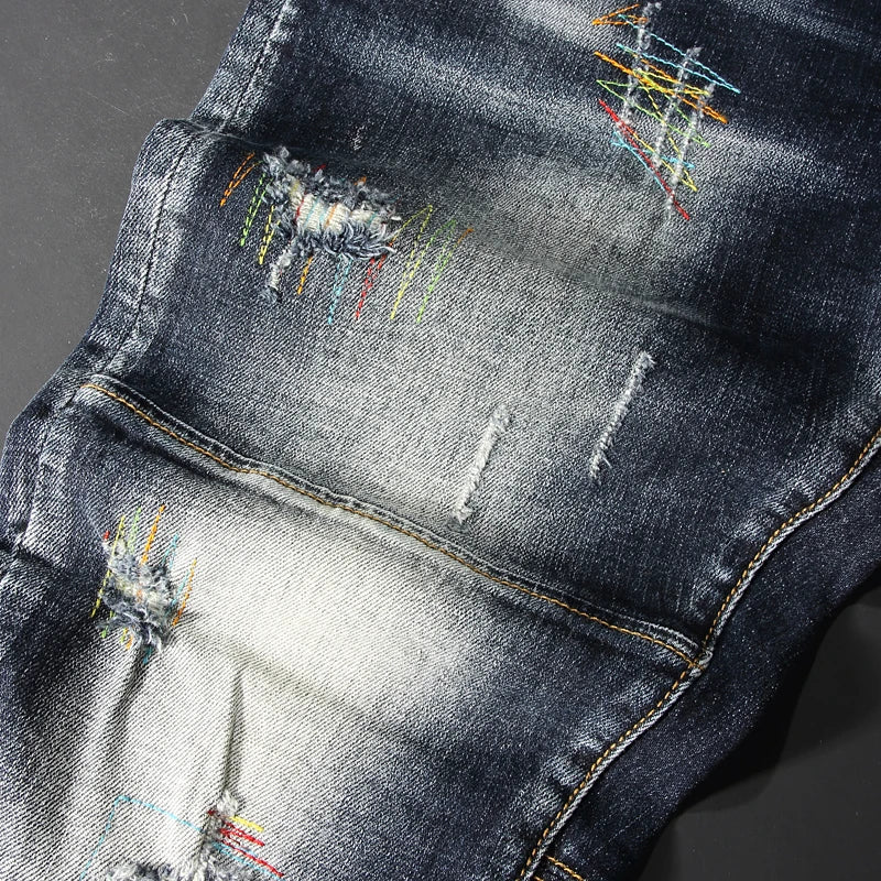 Men Jeans Retro Black Blue Elastic Slim Fit Ripped Jeans