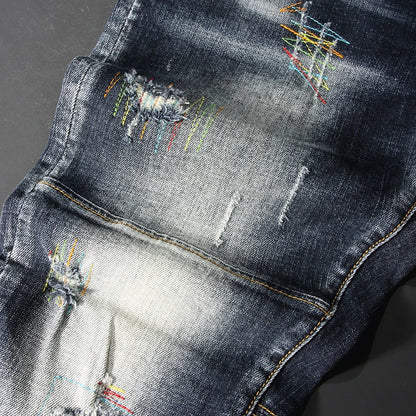 Men Jeans Retro Black Blue Elastic Slim Fit Ripped Jeans