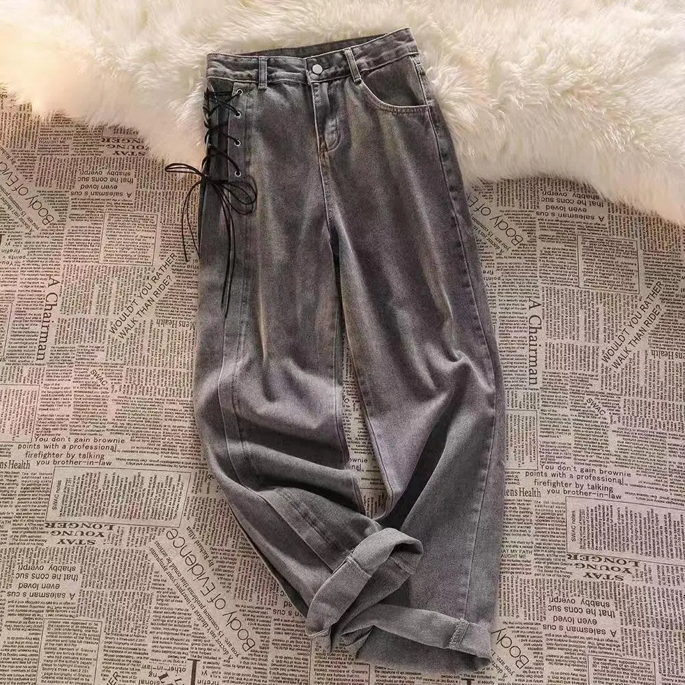 Casual Jeans Women Denim Pants Straight Trousers Autumn Spring Fashion Female Vintage Solid Lace Up Jeans Wide Leg Pants