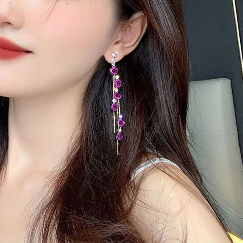 Rose Flower Long Tassel Dangle Earrings For Women