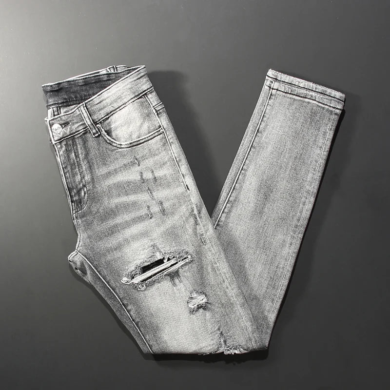 Men Jeans Retro Gray Elastic Stretch Skinny Ripped Jeans