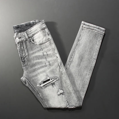 Men Jeans Retro Gray Elastic Stretch Skinny Ripped Jeans