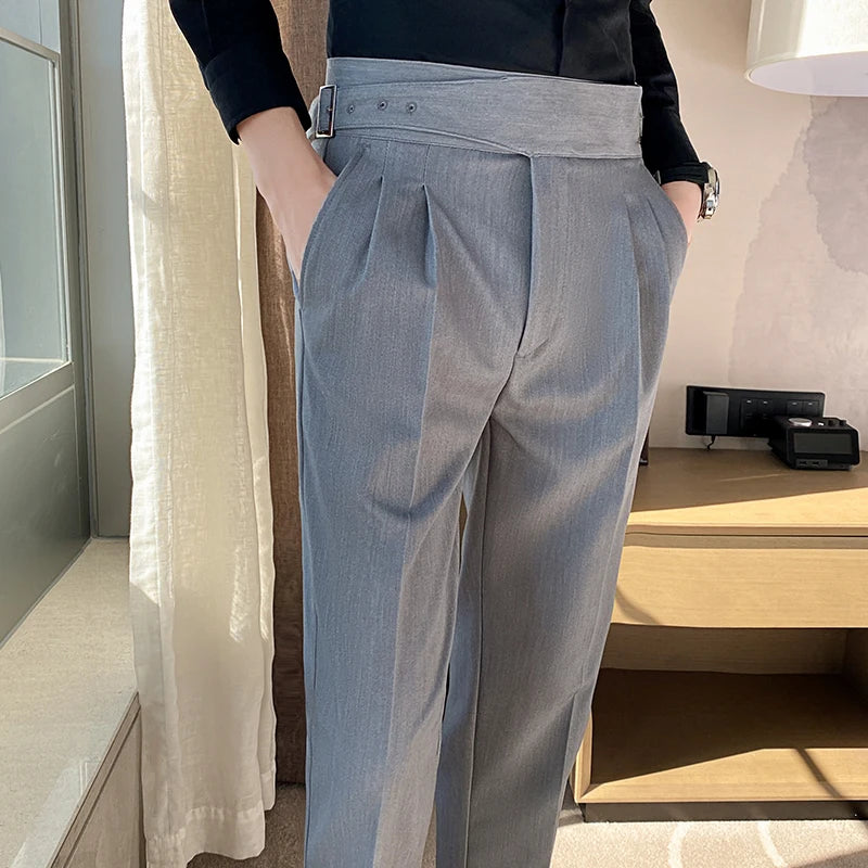 Men High Waist Casual Dress Pant Men Belt Design Slim Trousers