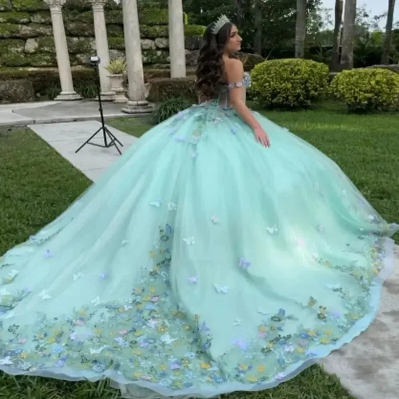 Light Green Quinceanera Dress Ball Gown 3D Butterfly