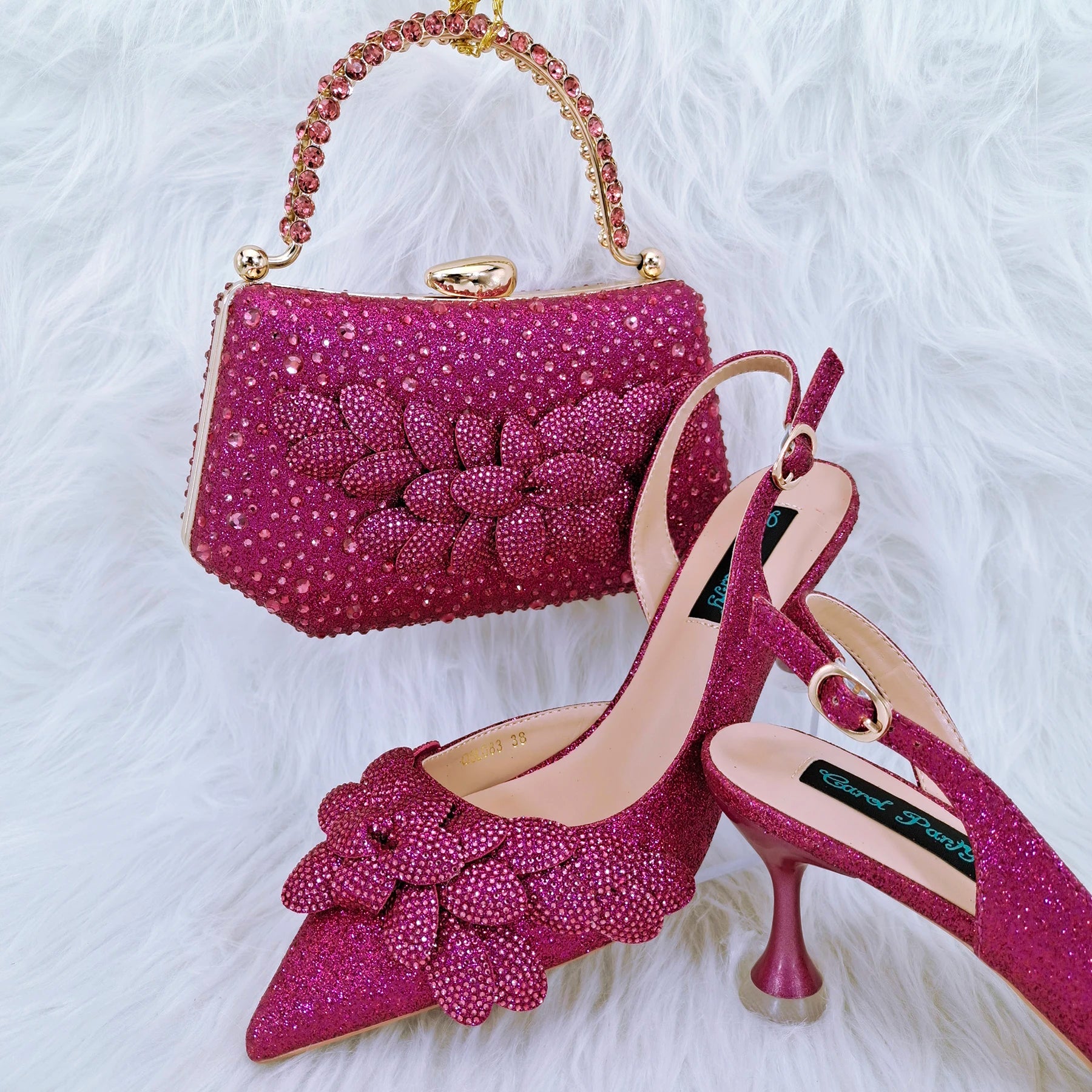 Handmade Garland Gag and Shoes Pointed Toe Pumps Crystal Handle Clutch