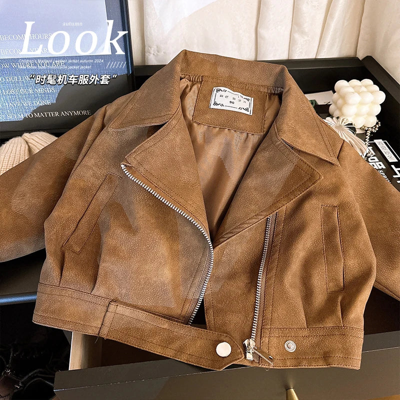 Boys Girls Brown Leather Jacket