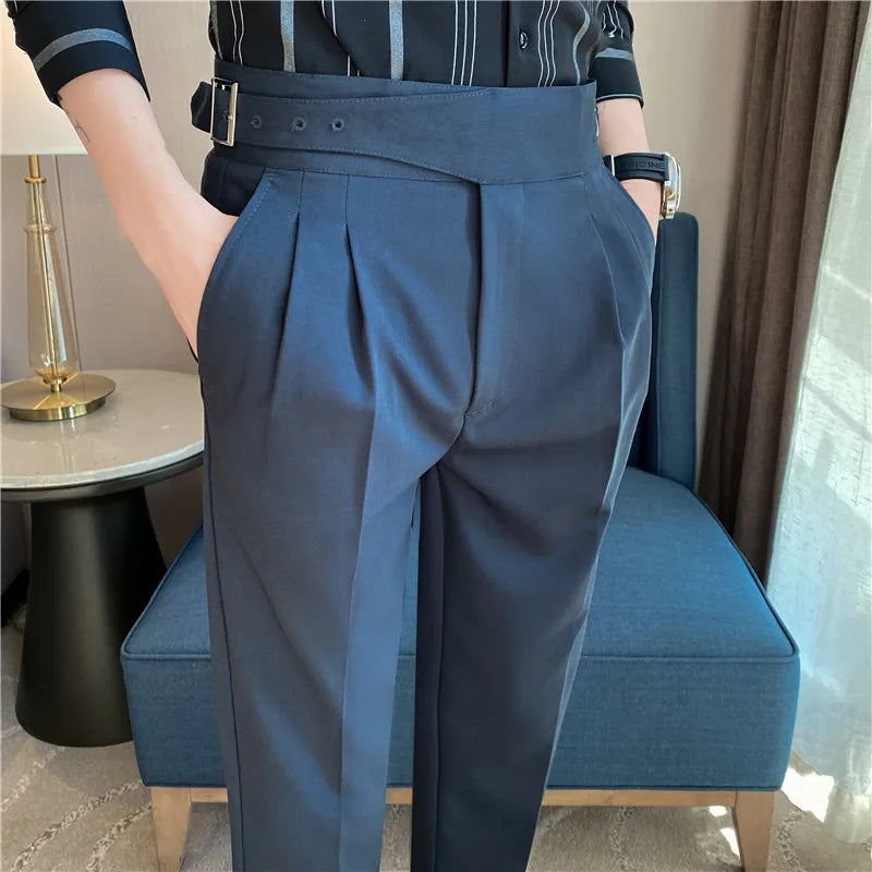 Men High Waist Casual Dress Pant Men Belt Design Slim Trousers