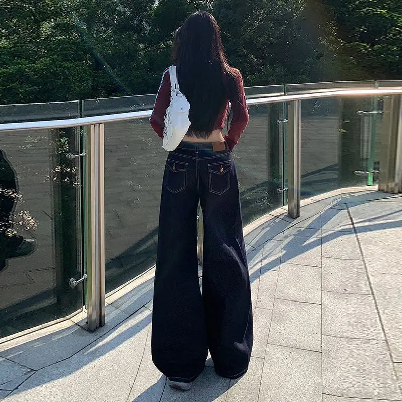 Lucyever Vintage Washed Wide Leg Jeans Women Deep Blue High Waist Baggy Y2K Denim Pants Lady Streetwear Casual Straight Trousers