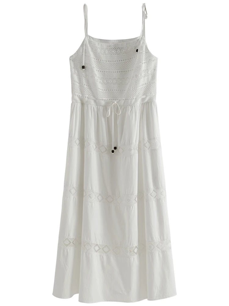 DUSHU French Romantic Lace High Waist Large Hemline Atmosphere Dress Summer 2023 New Dress White Women Casual Loose Dress