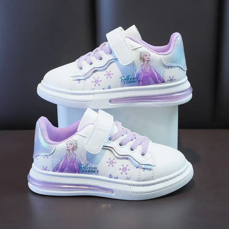 Disney Girls' White Shoes PU Leather Cartoon Princess Elsa Frozen Shoes Spring Girl Baby Waterproof Sports Shoes Flats Size 26-3