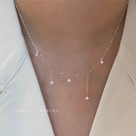 Sterling Silver Zircon Star Charms Necklace For Women