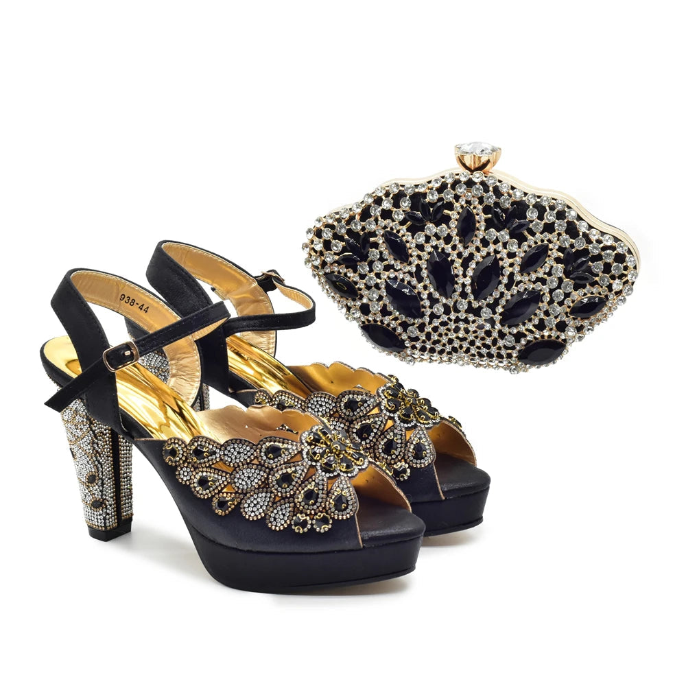 Peep Toe Thin Heels Shoes Matching Bag Set for Party