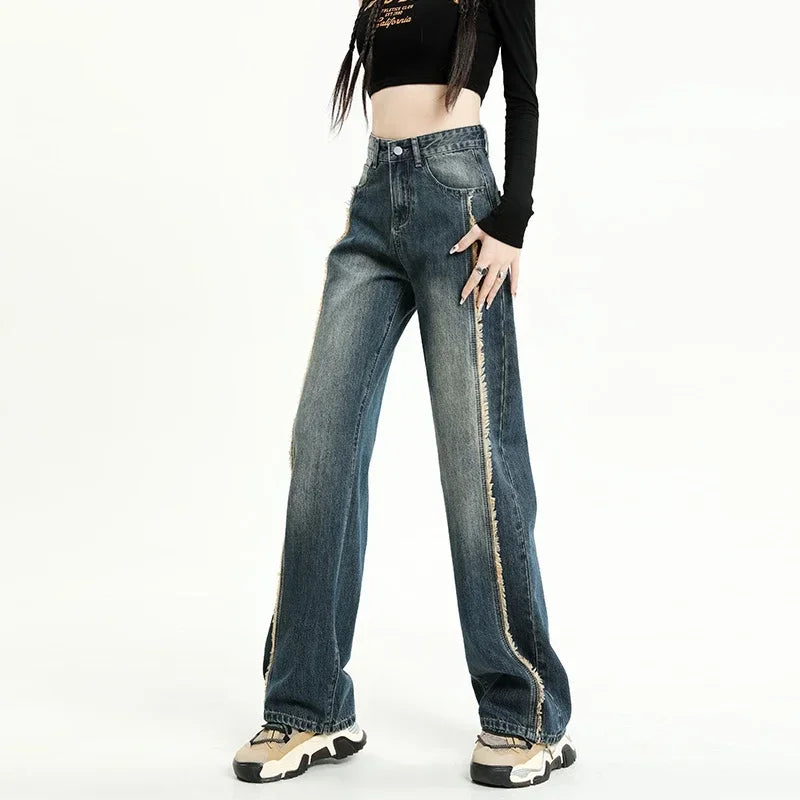 Cotton Wide-leg Women's Baggy Jeans High Waist Distressed Vintage Blue Raw Edge Splicing Y2K Pants Fashion Streetwear Autumn
