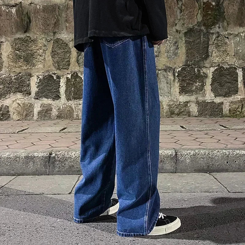 2025 New Korean Men's Casual Long Jeans Classic Man Straight Denim Wide-leg Pants Solid Color Light Blue Grey Black