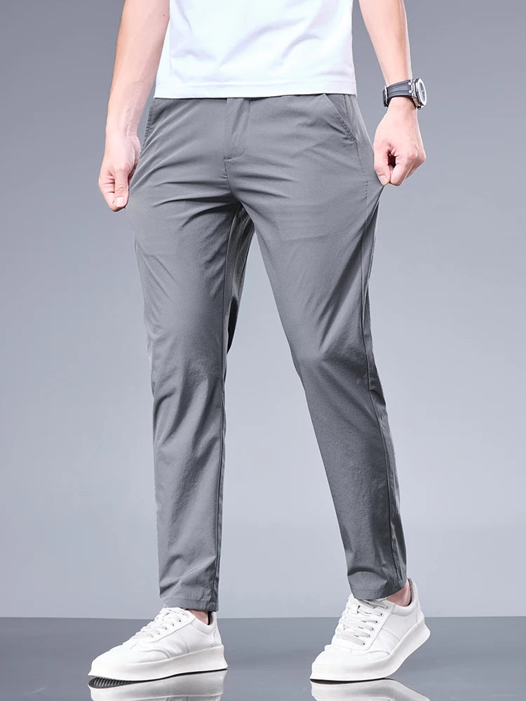 Business Ice Silk Pants Straight Elastic Waist Black Gray Trousers