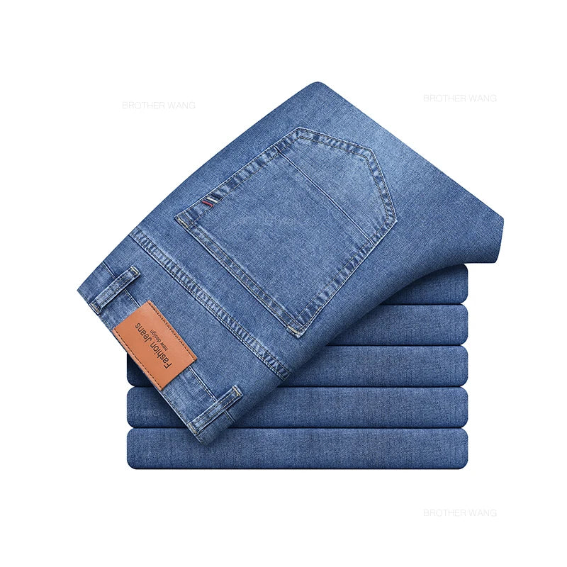 2024 Summer Thin Men's Elastic Cotton Jeans Fashion Gray Comfortable Business Straight Casual Pants High Quality Brand Trousers