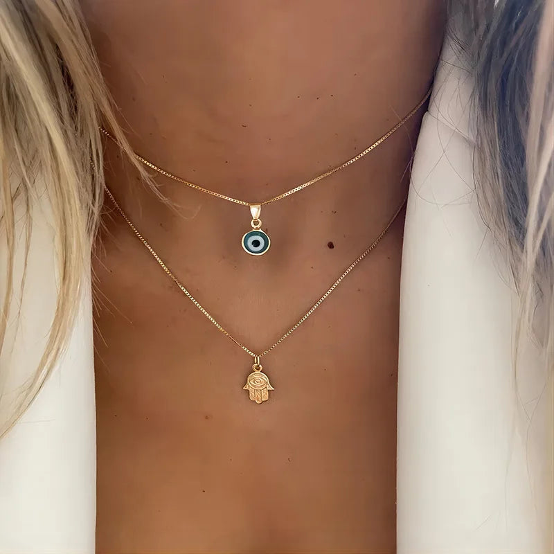 Lucky Double Layer Palm Evil Eyes Pendant Necklace for Women