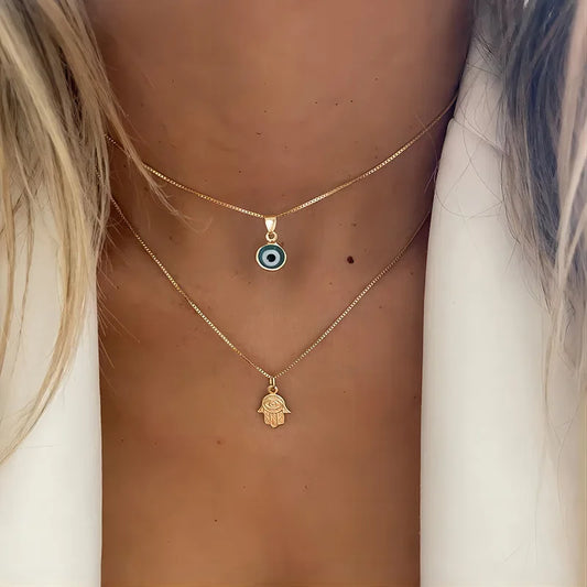 Lucky Double Layer Palm Evil Eyes Pendant Necklace for Women